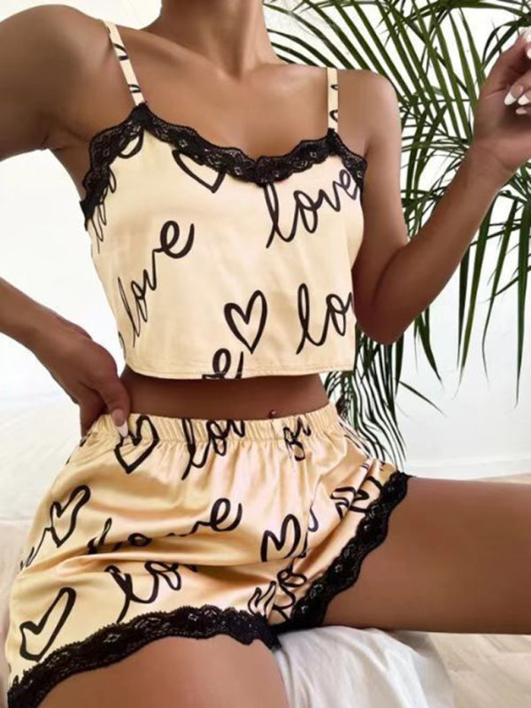 Cute Love Print Pajamas Homewear Fashion Lace Stitching Suspender Set